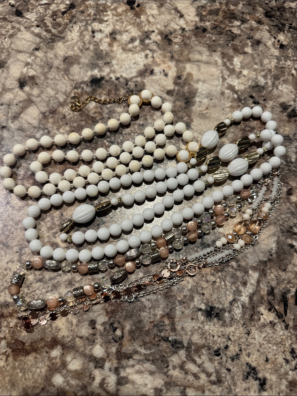 Set of 4 Multi-Strand White and Cream Beaded Necklace with Gold Accents